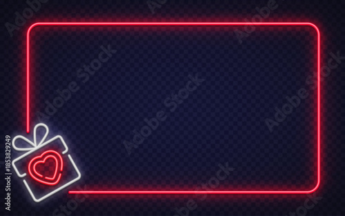 Bright neon vector frame with gift box and heart symbol on dark background. Ideal for special offers, holiday promotions, and romantic advertising layouts.
