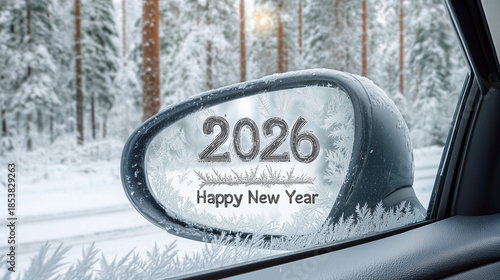 A frozen car side mirror with the inscription 2026 Happy New Year in a winter forest. Close-up of a car side mirror covered with patterns of frost and ice, with the inscription 2026 Happy New Year
