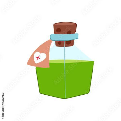 Green liquid potion bottle with a cork stopper and a tag displaying a heart and cross symbol, illustrating concepts of healing, vitality, and magical regeneration for fantasy games or medical themes