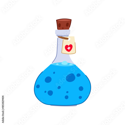 Cartoon health potion illustrating concepts of medical aid, magical recovery, and life replenishment in gaming or fantasy contexts, featuring a blue liquid in a bottle