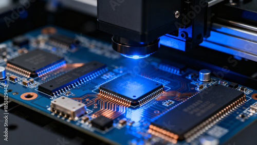 High-Resolution Close-Up Image of Electronic Circuit Board with Blue Light Focus