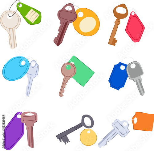 Various metal keys with attached colorful plastic and paper tags or keychains, representing concepts of access, security, ownership, and property with different locking mechanisms
