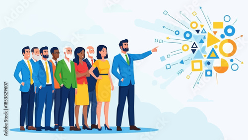 Diverse team of professionals led by a visionary pointing towards future innovations.