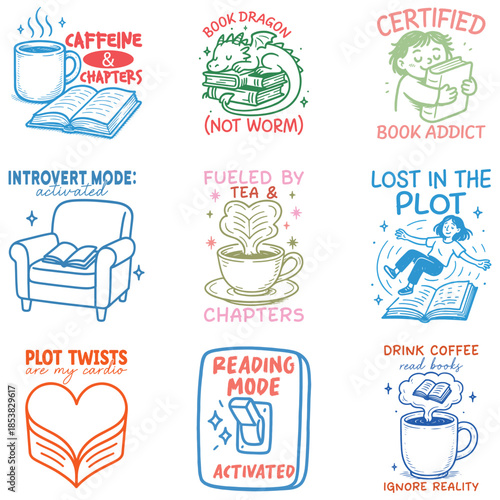 Collection of Reading Shirt Design, Hand Drawn Book Lover T-shirt, Reading Quote Clipart, Hand Drawn Bookish Graphic, Cute Hand-drawn Line Art Illustration