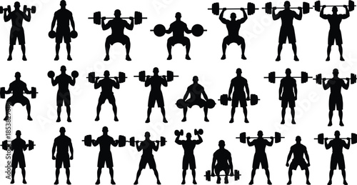 Professional bodybuilding and weightlifting silhouette collection featuring athletes with barbells and dumbbells, ideal for fitness, gym, and strength training concepts.