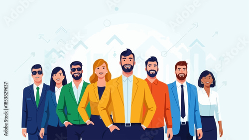 Diverse group of professionals standing together confidently.