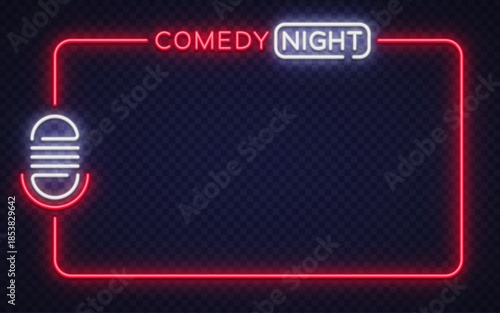 Glowing neon vector frame with comedy night lettering and microphone symbol. Designed for humor events, stage banners, and entertainment marketing.