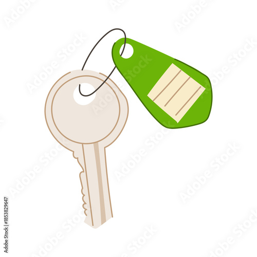 Hotel key with a green blank tag attached, representing accommodation, travel, security, and access to private lodging during a vacation or business trip