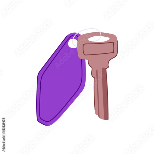 Hotel room key with classic metal key and blank purple plastic keychain fob on white background, vector style illustration symbolizing travel, accommodation, check in, and access