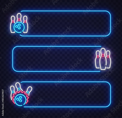 Neon vector set of horizontal frames with bowling ball and pins icons. Perfect for menus, scoreboards, price lists, and club information displays.