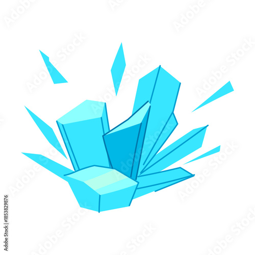 Ice crystal cluster shattering into sharp blue shards and flying fragments, a dynamic abstract burst evoking freezing cold, explosion, energy, and fractured geometric winter textures