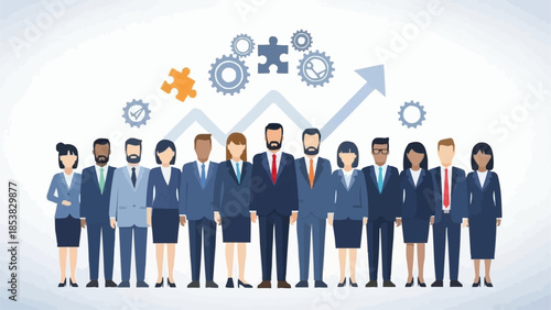 Diverse group of professionals standing together in a line.