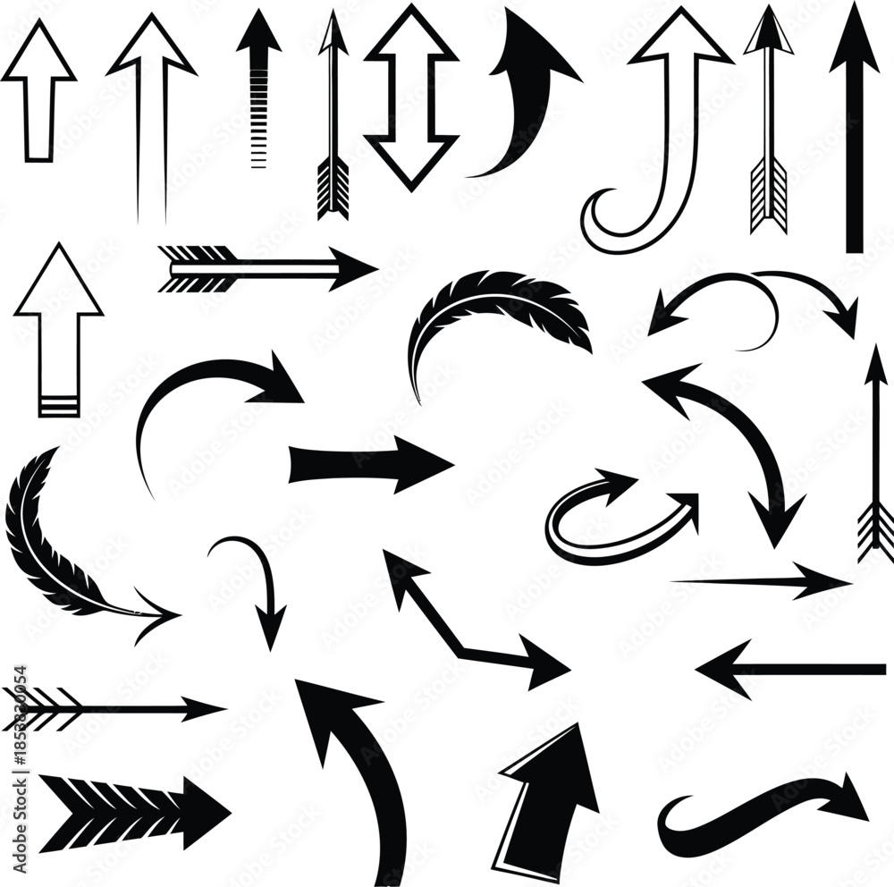 Fototapeta premium Simple and Unique Arrow Set Collection Directional, Curved and Straight Arrows Vector Icons Isolated on transparent 