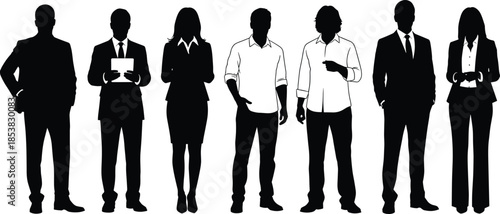 Professional business team silhouettes standing together in a row featuring diverse corporate employees, managers, and entrepreneurs on a white background.