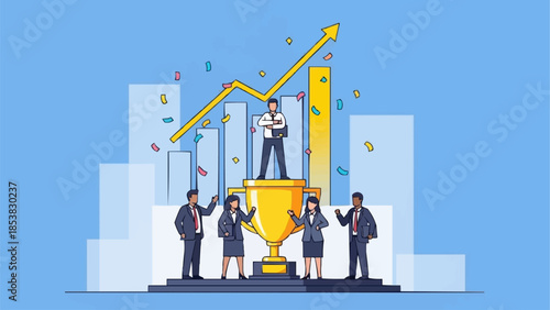 Successful business team celebrating victory with a trophy and rising graph.