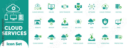 Cloud services and computing vectors. Features server, SaaS, PaaS, and security symbols. Ideal for hosting apps, data centers, and tech UI.
