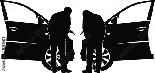Professional car mechanic silhouette team repairing vehicles with open doors, automotive technician group for garage service, maintenance, and vehicle diagnostics.
