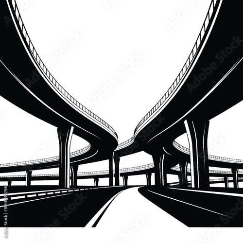 Abstract illustration of a complex highway interchange in black and white