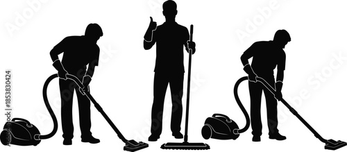 Professional cleaning service team silhouette with vacuum cleaners and mop, commercial janitorial crew illustration for housekeeping, office maintenance, and sanitary services.