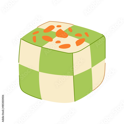 Traditional indian barfi with white and pistachio green layers, topped with chopped nuts and saffron, festive sweet square representing cultural mithai and celebration indulgence