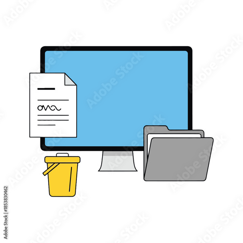 Computer screen with document folders trashcan and digital workspace icons