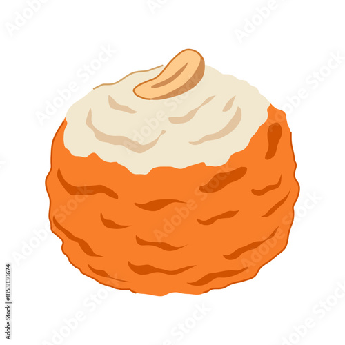 Round traditional indian sweet ladoo featuring a distinctive texture and topped with a single cashew nut, representing festive celebrations and delicious dessert treats