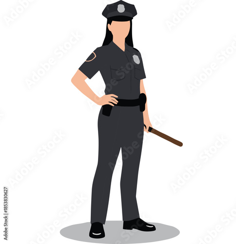 Professional Female Police Officer in Uniform Standing Confidently with Nightstick Baton and Hand on Hip Isolated Illustration for Law Enforcement Design