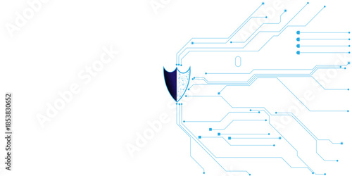 Cyber security concept. Digital shield icon glowing on circuit board background. 