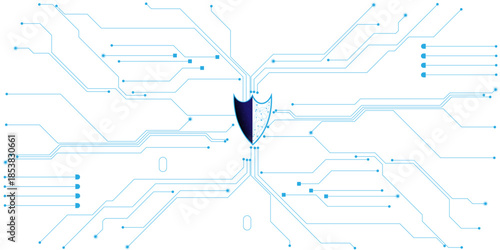 Cyber security concept. Digital shield icon glowing on circuit board background. 