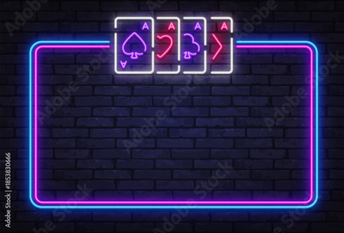 Neon vector frame with glowing playing cards and arrow symbol on dark wall. Perfect for card games, poker events, and casino visual branding.
