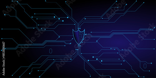 Cyber security concept. Digital shield icon glowing on circuit board background.