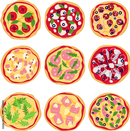 Nine round italian style pizzas with varied toppingspepperoni, mozzarella, tomatoes, mushrooms, ham, pineapple, anchovies, arugula, olives, and shrimpflat lay on white background