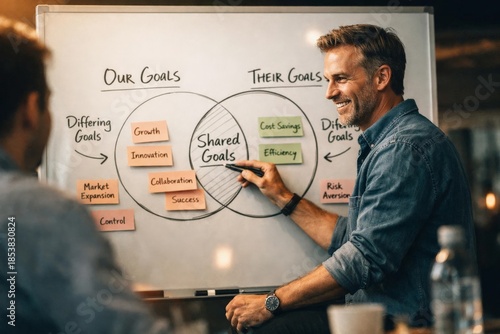 Business coach presenting shared goals on whiteboard with Venn diagram and sticky notes, team workshop and planning.
