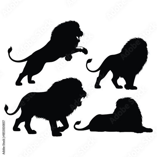 Black silhouettes of majestic lions in various poses and positions