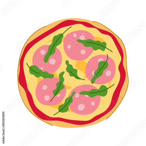 Round pepperoni pizza with melted cheese, tomato sauce and fresh arugula on a crisp crust, isolated on white classic italian fast food dinner or delivery favorite