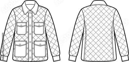 Quilted jacket fashion technical illustration front back view vector outline padded coat sewing pattern apparel design template