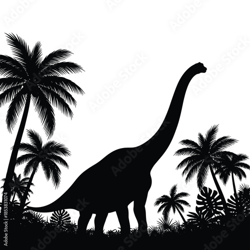Silhouette of a long necked dinosaur amongst tropical palm trees and foliage