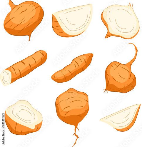 Jicama roots and sliced tubers on white background, fresh organic produce perfect for healthy eating, diet, recipes, vegan cooking, snacks, and ingredient or market imagery