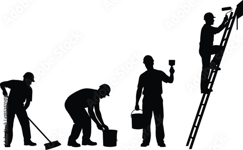 Professional Painter And Cleaner Silhouettes Featuring Construction Workers On Ladder Home Renovation Maintenance Crew Industrial Laborers Janitorial Services And Building Builders