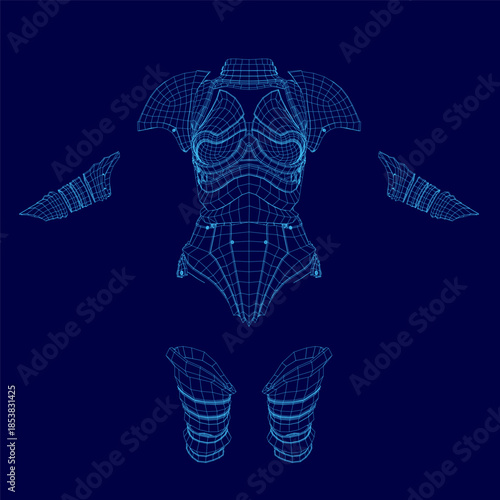 A female armor blueprint in detailed wireframe view, featuring a 3D model of the torso and arms against a solid blue background.