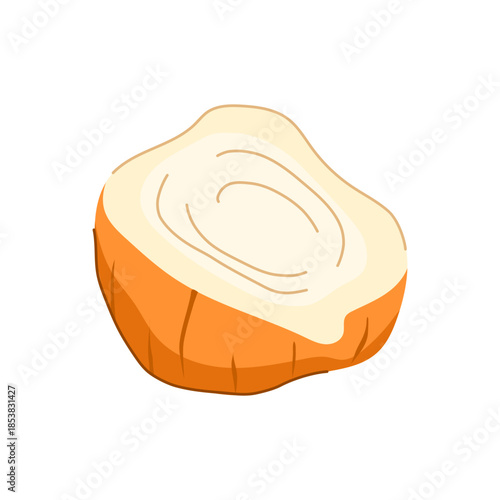 Jicama root cut in half, revealing its white interior with concentric rings, a crisp and refreshing vegetable often used in salads and snacks for its nutritional value