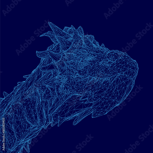 Polygonal dragon head wireframe illustration with intricate geometric shapes and lines on a solid blue background.