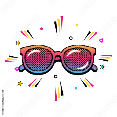Stylish retro sunglasses with colorful gradient lenses and pop art explosion background elements, vector illustration