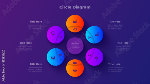 6 Steps Circle Diagram Presentation Template with Six Step Process Options on Dark Background Vector