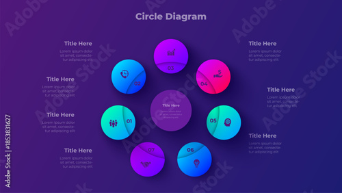 7 Steps Circle Diagram Presentation Template with Seven Step Process Options on Dark Background Vector