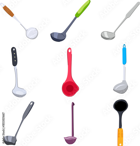 Various kitchen ladles in mixed materials and colors arranged on white background, essential utensils for cooking, serving soups and sauces in home or professional kitchens