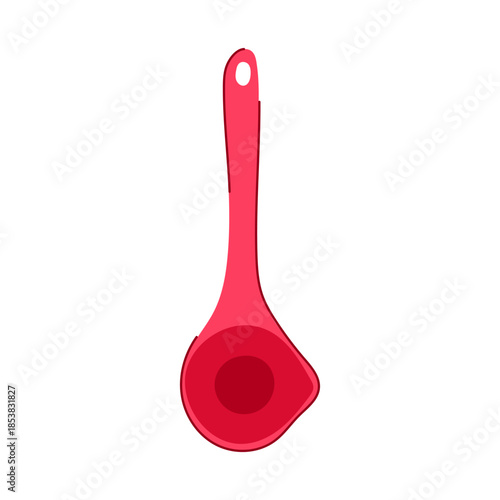 Bright red kitchen ladle featuring a simple design, essential utensil for preparing and serving hot soups, sauces, and stews in a domestic or professional cooking environment