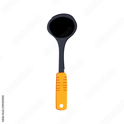 Kitchen ladle with black bowl and textured orange handle on white background, isolated kitchen utensil for serving soup, stew and sauces, kitchenware for home and professional use