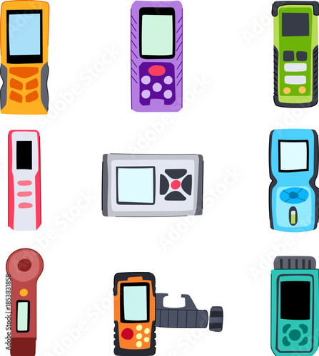 Collection of handheld laser distance meters and level tools in flat vector style, showing various modern portable electronic measuring devices for construction, surveying, and renovation