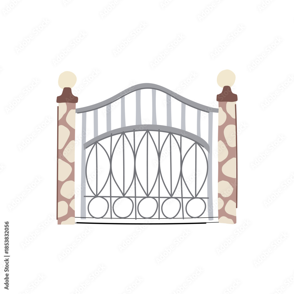 Naklejka premium Decorative metal gate featuring an arched top and ornate scrollwork between two sturdy stone pillars with spherical caps, representing security and entrance